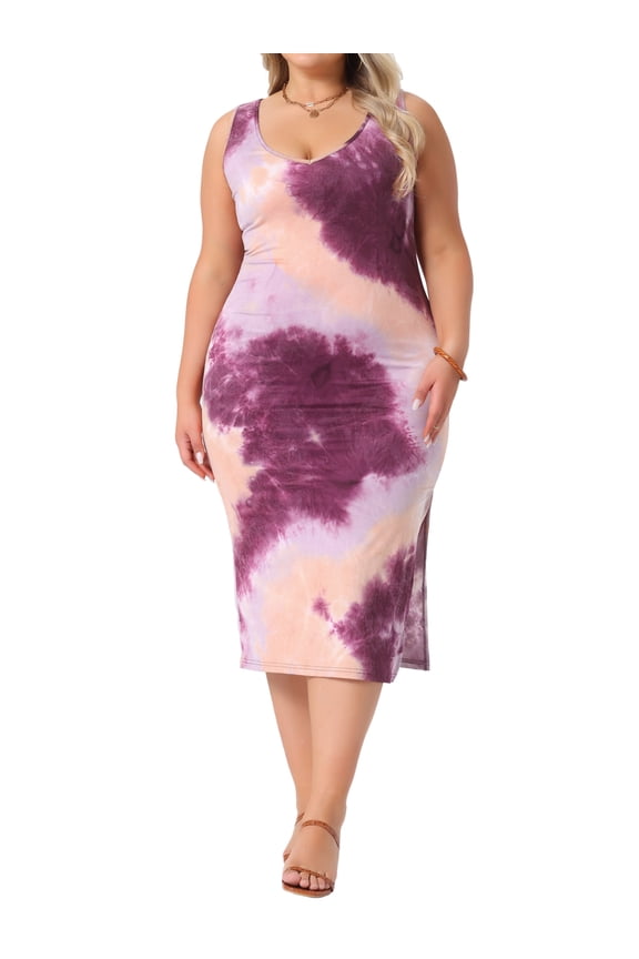 Plus Size V Neck Slim Fit Tie Dye Midi Tank Dress 1X Purple Orange