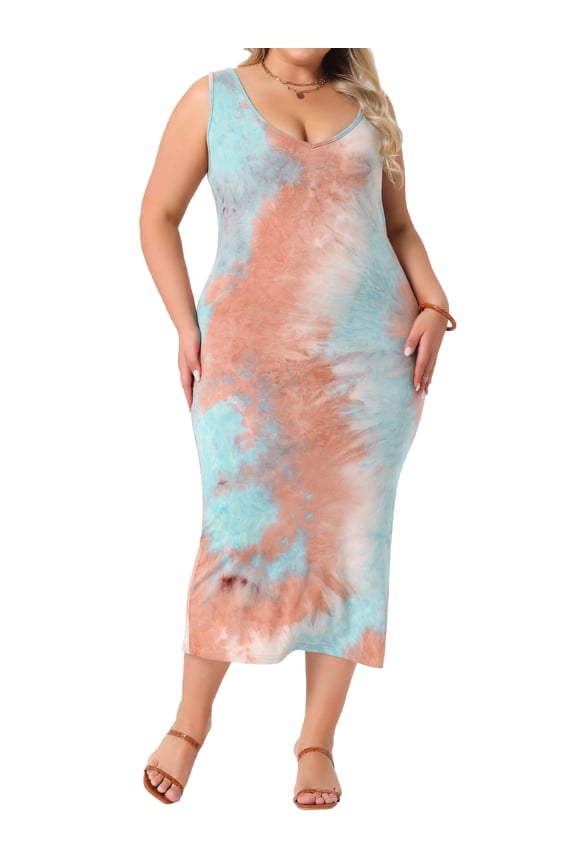 Plus Size V Neck Slim Fit Tie Dye Midi Tank Dress 2X Pink Blue