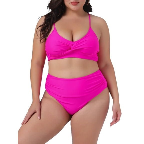 DARING DIVA Plus Size V Neck Tummy Control Two Piece Swimsuit 1X Hot Pink