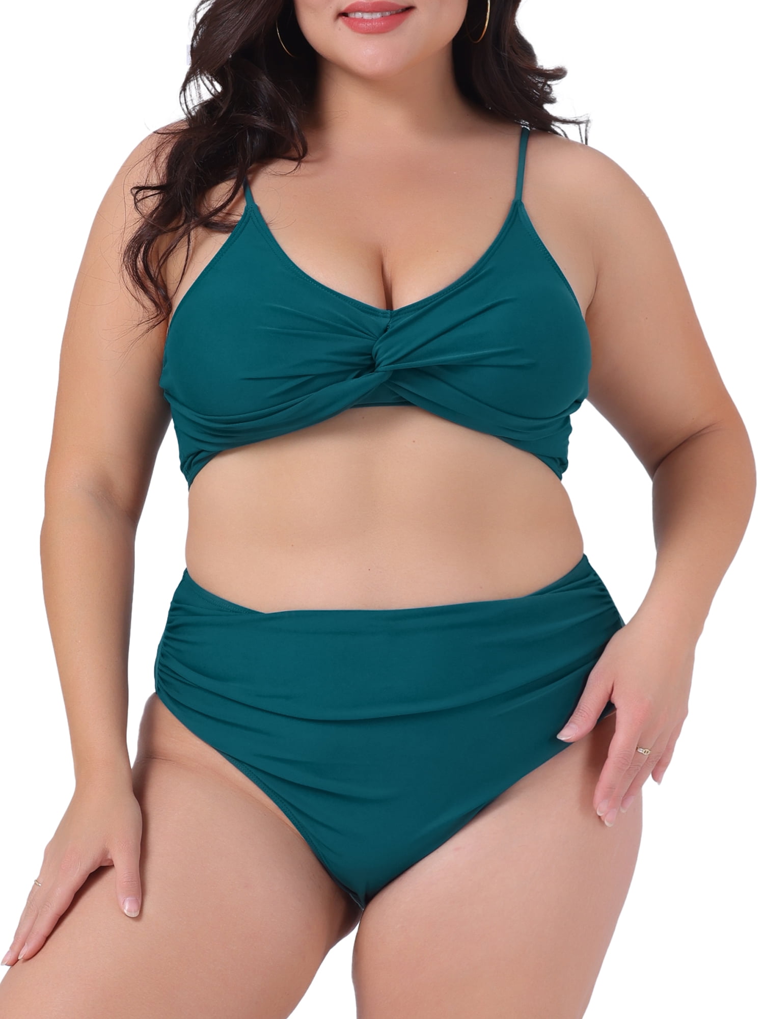 DARING DIVA Plus Size V Neck Tummy Control Two Piece Swimsuit L Blue Green
