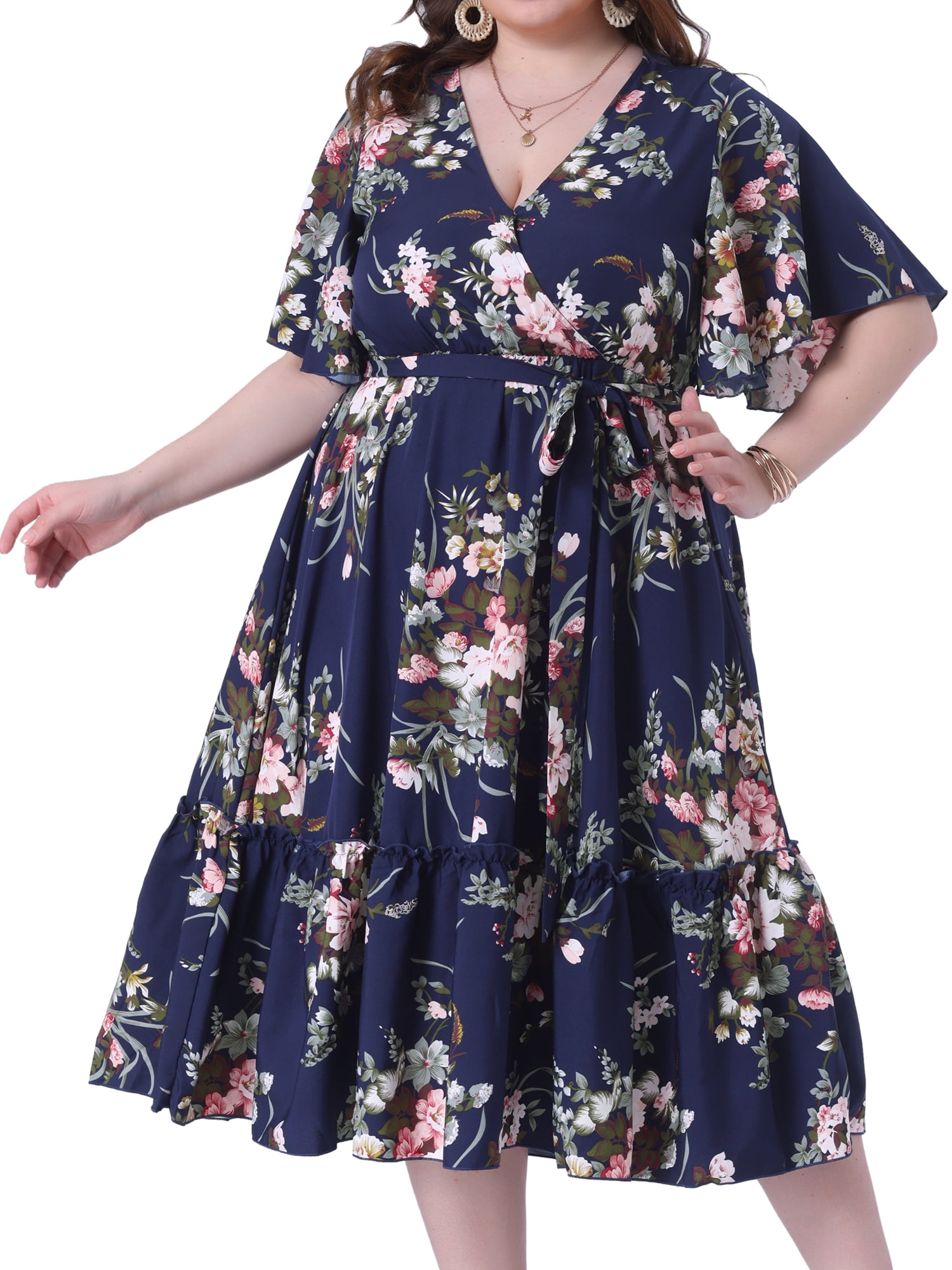 navy blue wrap dress plus size DARING DIVA V Neck Maxi Ruffle Sleeves Belt 1X size:2XL