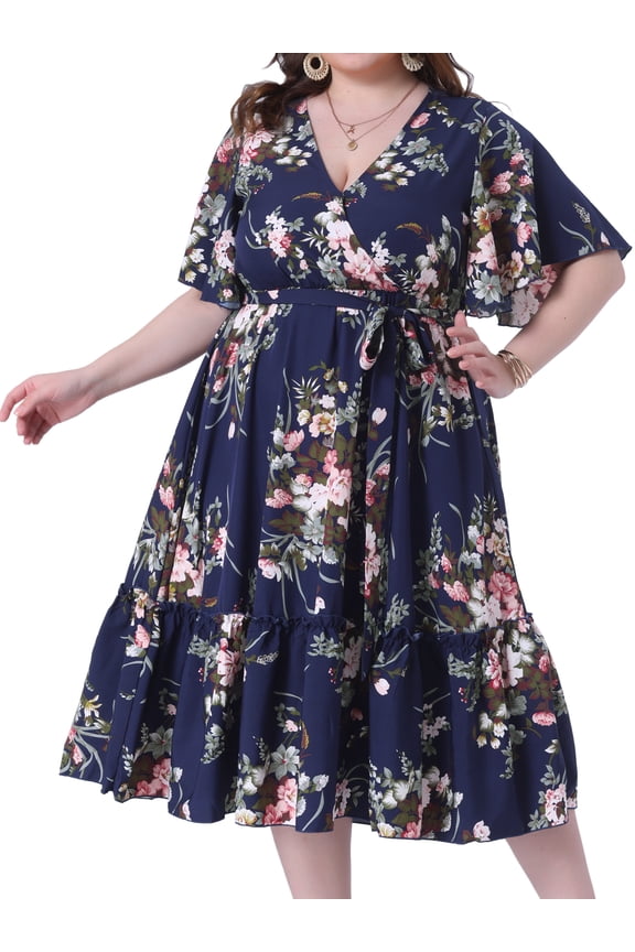 Plus Size V Neck Wrap Maxi Ruffle Sleeves Belt Dress 3X Navy Blue