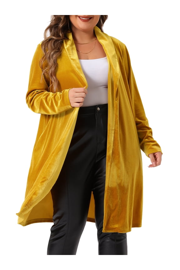Plus Size Velvet Jackets Open Front Long Cardigan 1X Gold