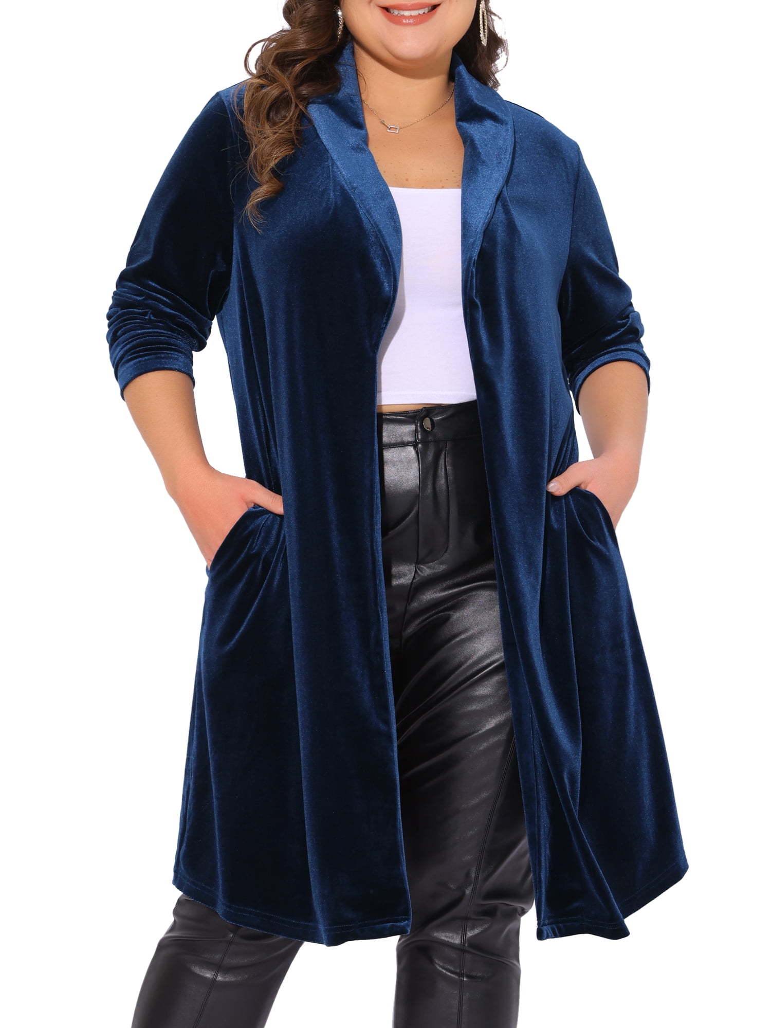 DARING DIVA Women's Plus Velvet Jackets Open Front Lightweight Long Sweaters 3X Dark Blue