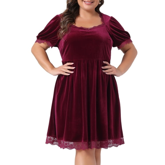 DARING DIVA Plus Size Velvet Lace Trim Short Sleeve Party Dress 1X Burgundy