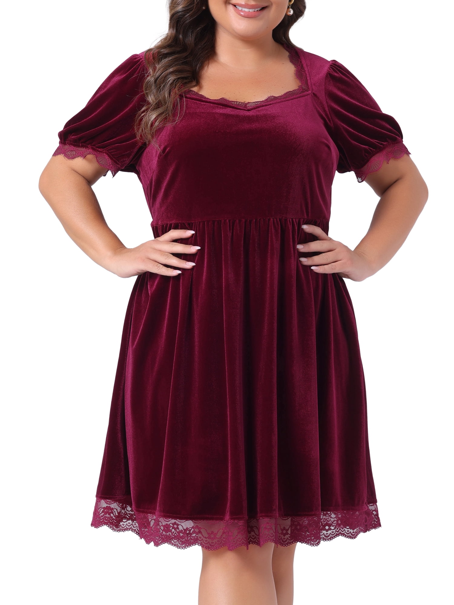 DARING DIVA Plus Size Velvet Lace Trim Short Sleeve Party Dress 3X Burgundy