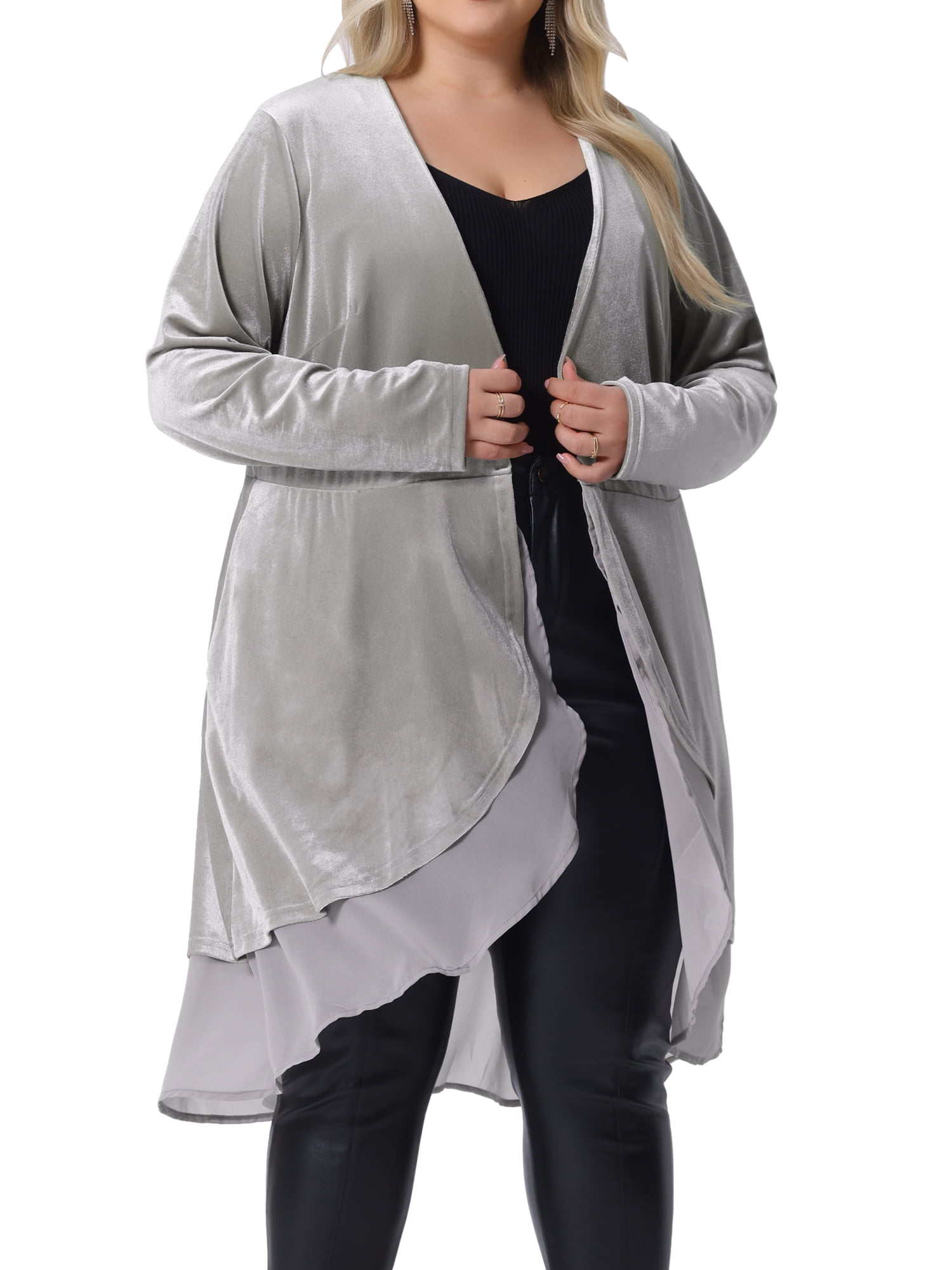 DARING DIVA Women's Plus Size Ruffled Asymmetric Open Front Velvet Jackets 2X Silver