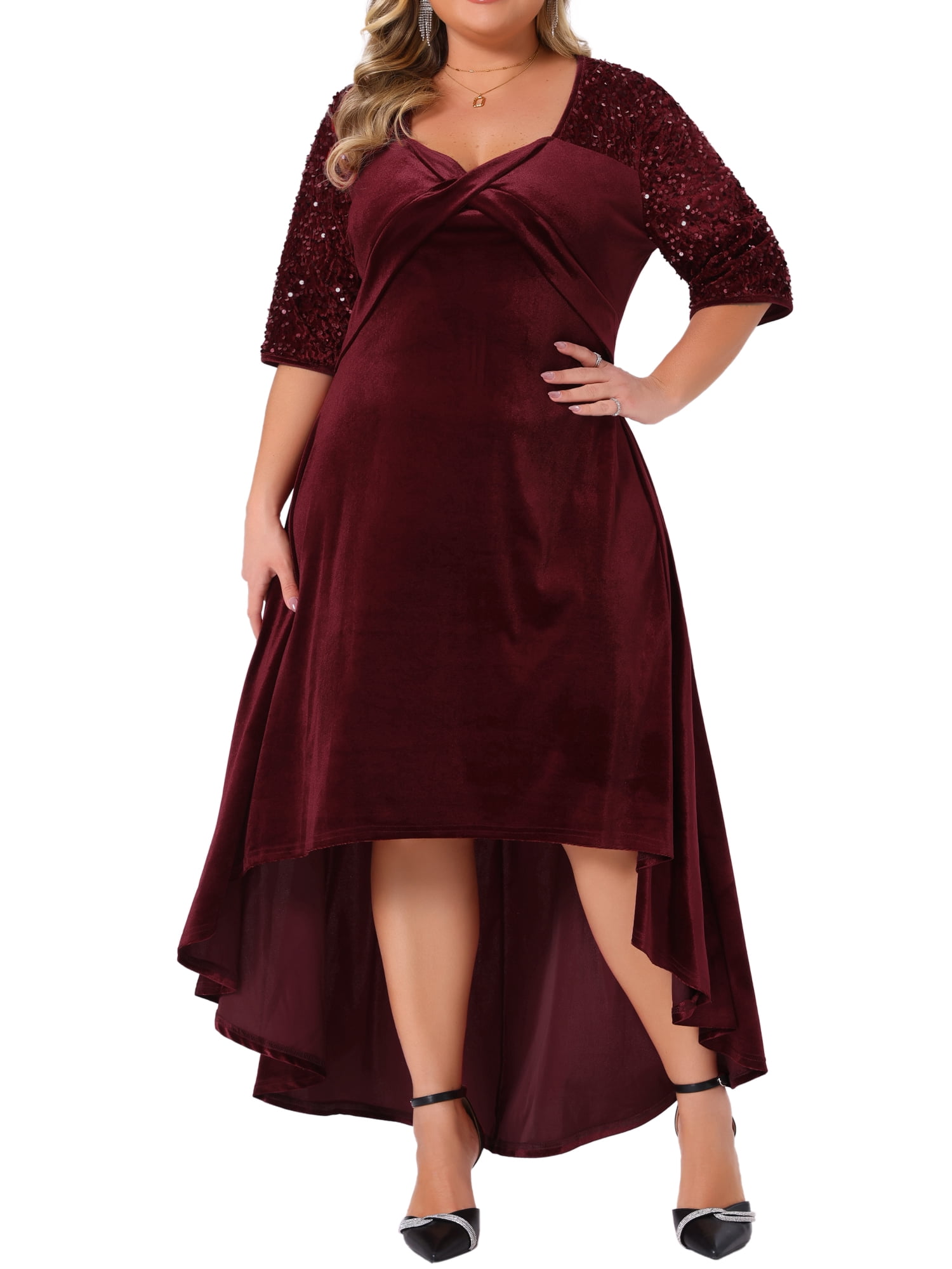 DARING DIVA Plus Size Velvet V Neck Sequin Sleeve High Low Hem Dress 2X Burgundy