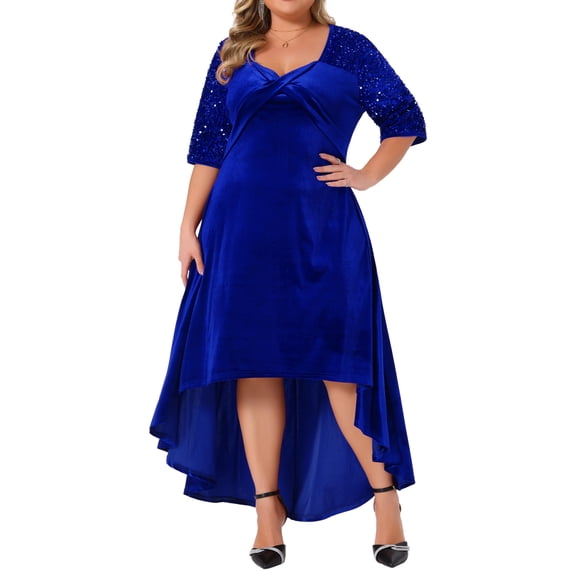 DARING DIVA Plus Size Velvet V Neck Sequin Sleeve High Low Hem Dress 2X Royal blue
