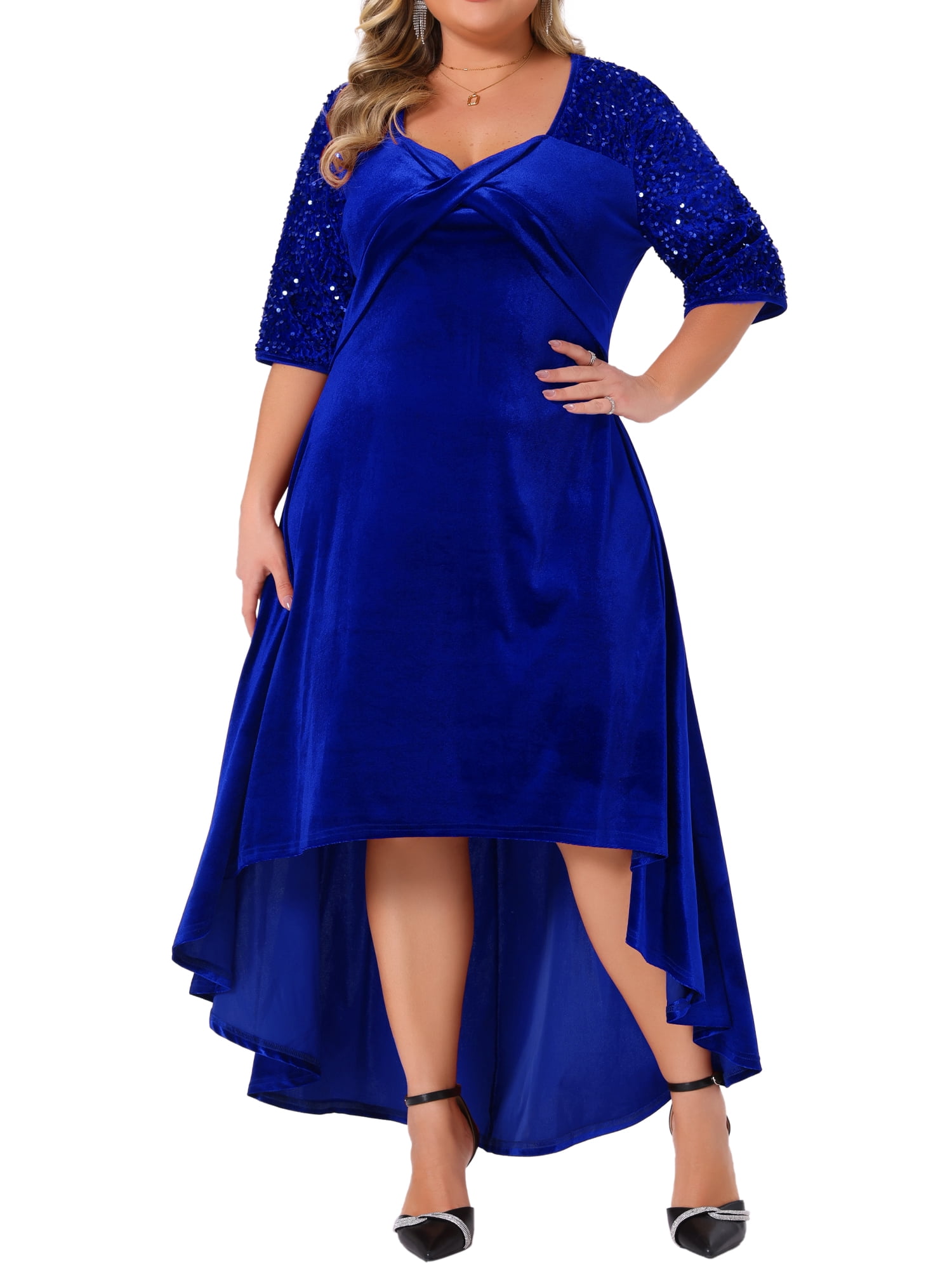 DARING DIVA Plus Size Velvet V Neck Sequin Sleeve High Low Hem Dress 3X Royal blue