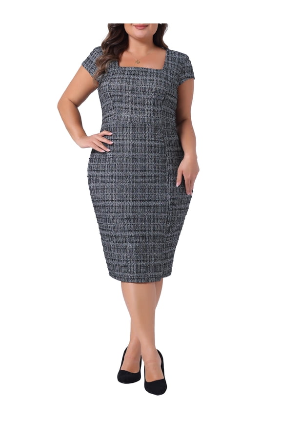 Plus Size Vintage Midi Tweed Cap Sleeve Sheath Dress 1X Black