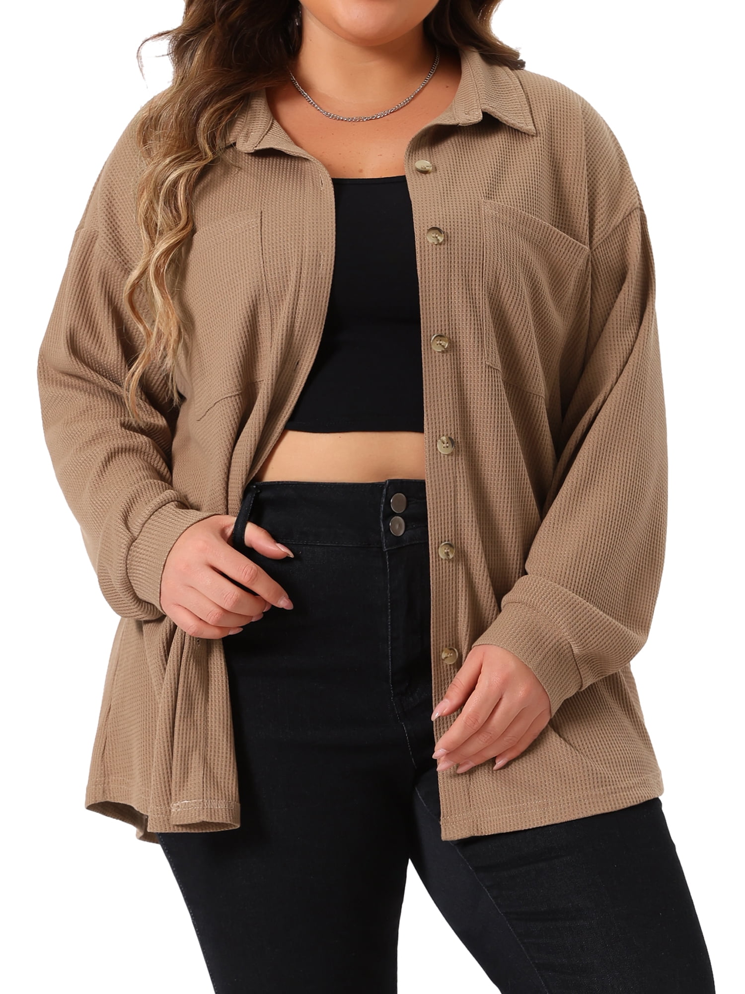 DARING DIVA Plus Size Waffle Knit Shirt Long Sleeve Button Down Jacket 1X Brown