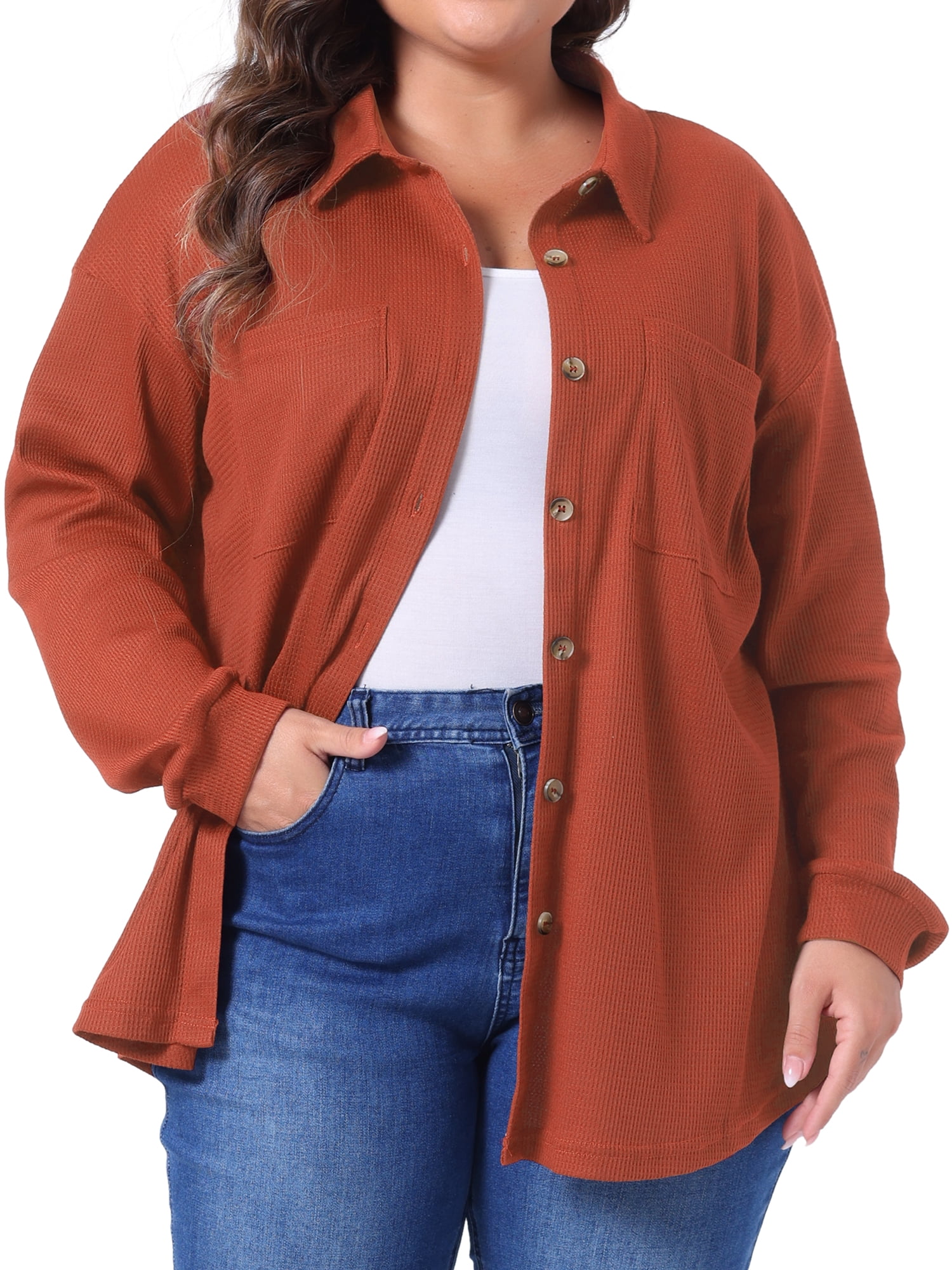 DARING DIVA Plus Size Waffle Knit Shirt Long Sleeve Button Down Jacket 2X Orange