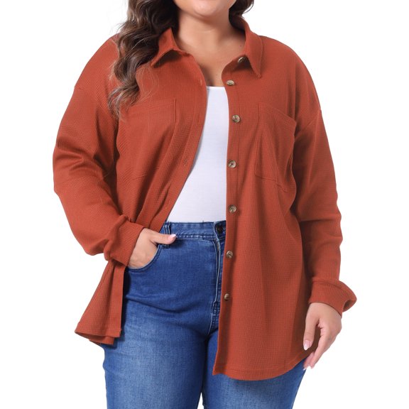 DARING DIVA Plus Size Waffle Knit Shirt Long Sleeve Button Down Jacket 3X Orange