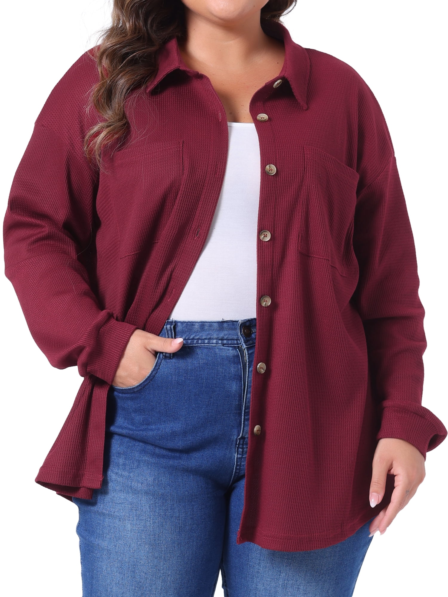 DARING DIVA Plus Size Waffle Knit Shirt Long Sleeve Button Down Jacket 4X Burgundy