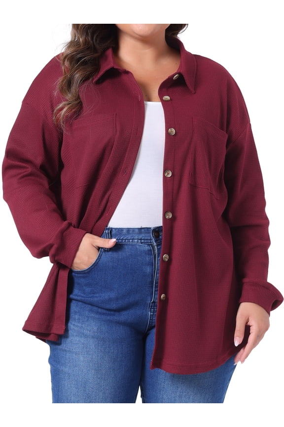 Plus Size Waffle Knit Shirt Long Sleeve Button Down Jacket 4X Burgundy