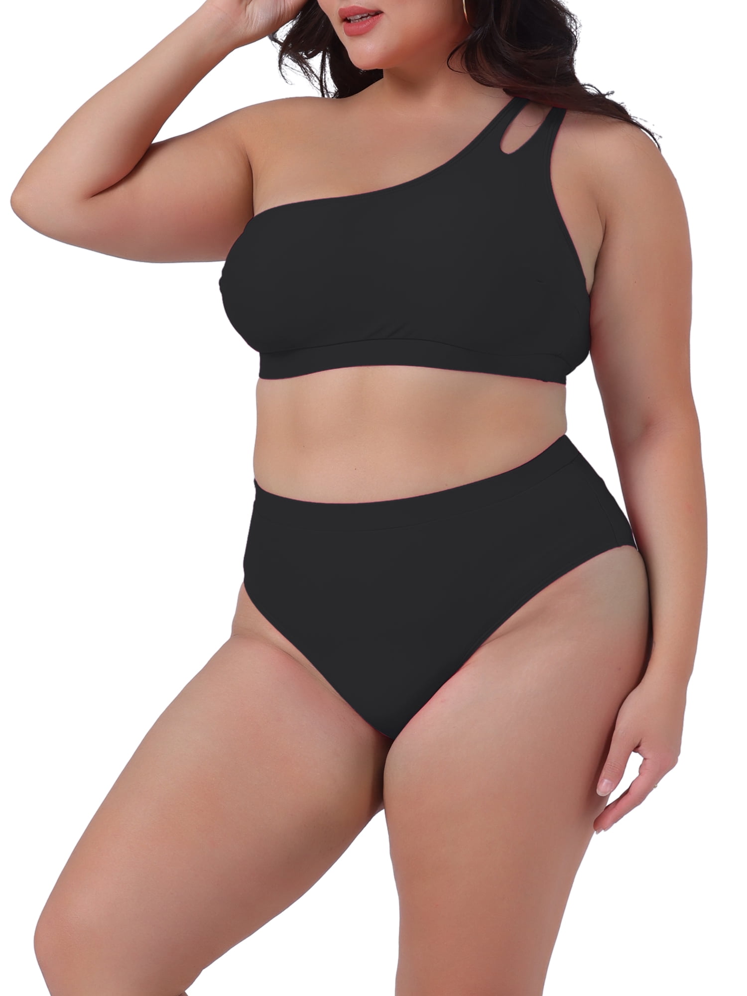 DARING DIVA Plus Size Women's Bikini Two Piece One Shoulder Swimsuit 3X Black
