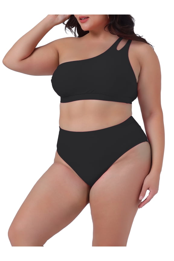 Plus Size Women's Bikini Two Piece One Shoulder Swimsuit 3X Black
