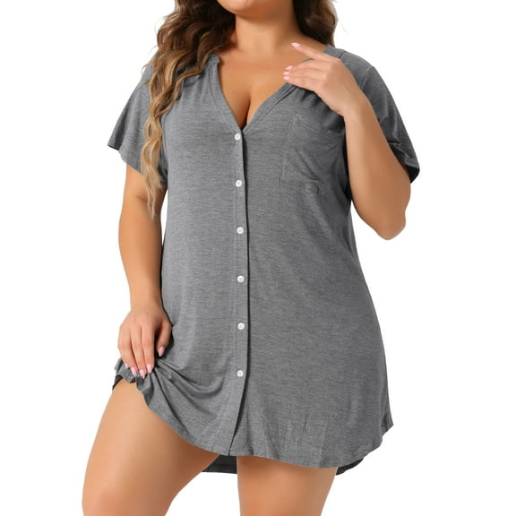 DARING DIVA Plus Size Women's Short Sleeve Soft Button Down Nightgown 4X Gray