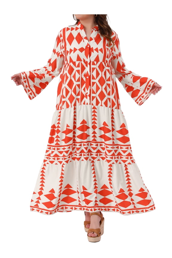 Plus Size Womens Button Long Flared Bell Sleeve Dress 4X Red