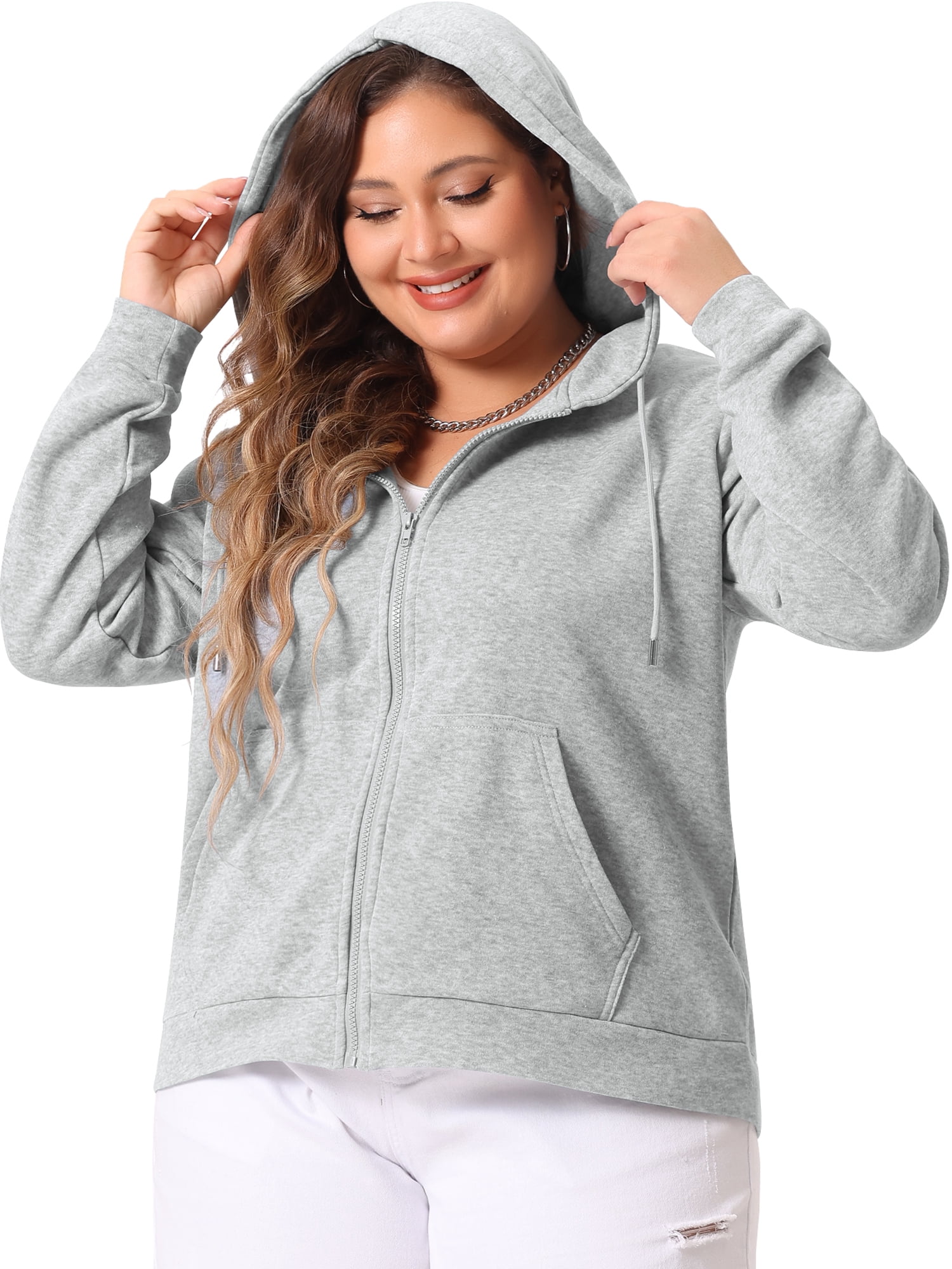 DARING DIVA Plus Size Zip Up Long Sleeve Hooded Jacket 1X Grey