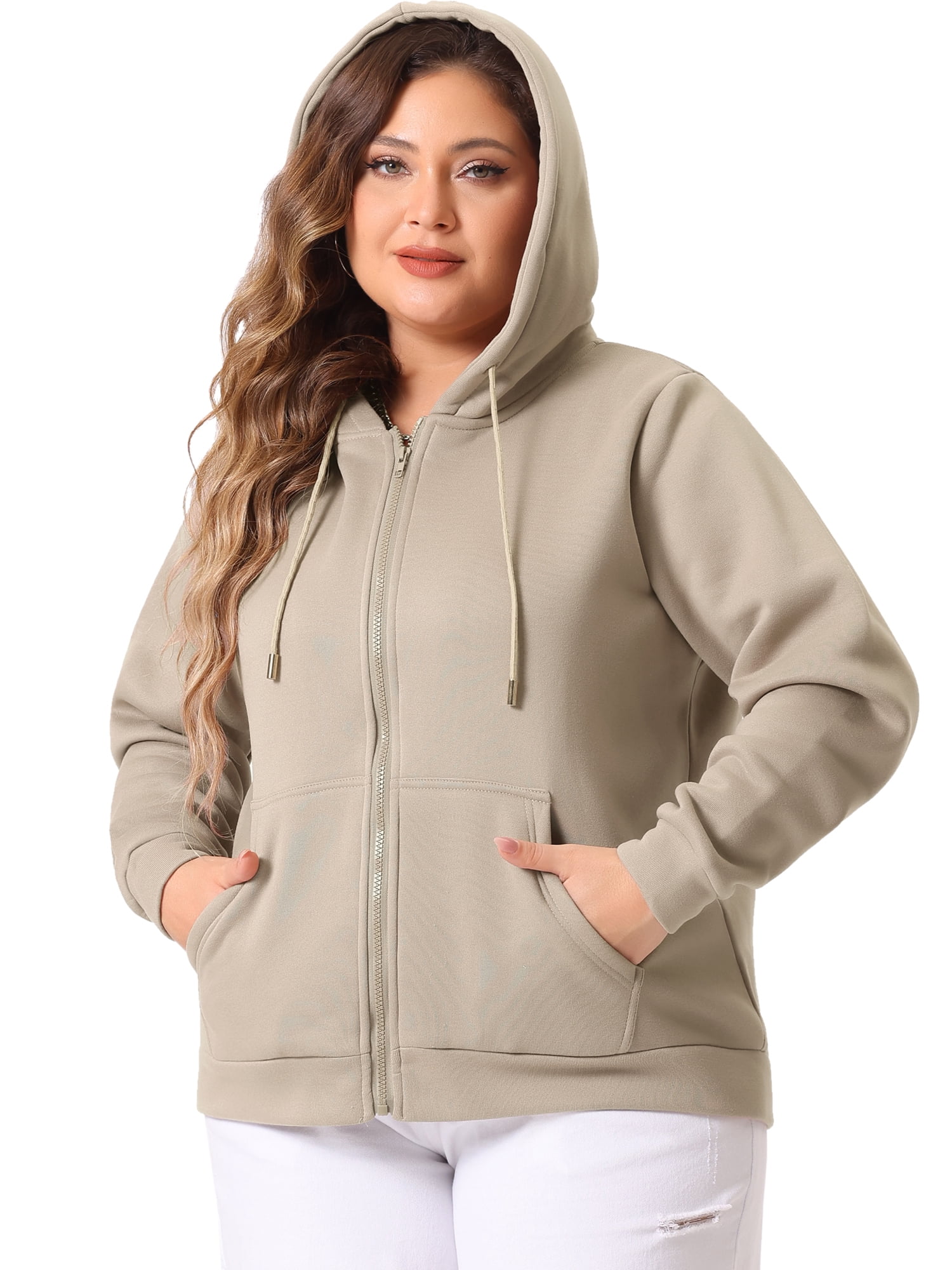 DARING DIVA Plus Size Zip Up Long Sleeve Hooded Jacket 3X Khaki