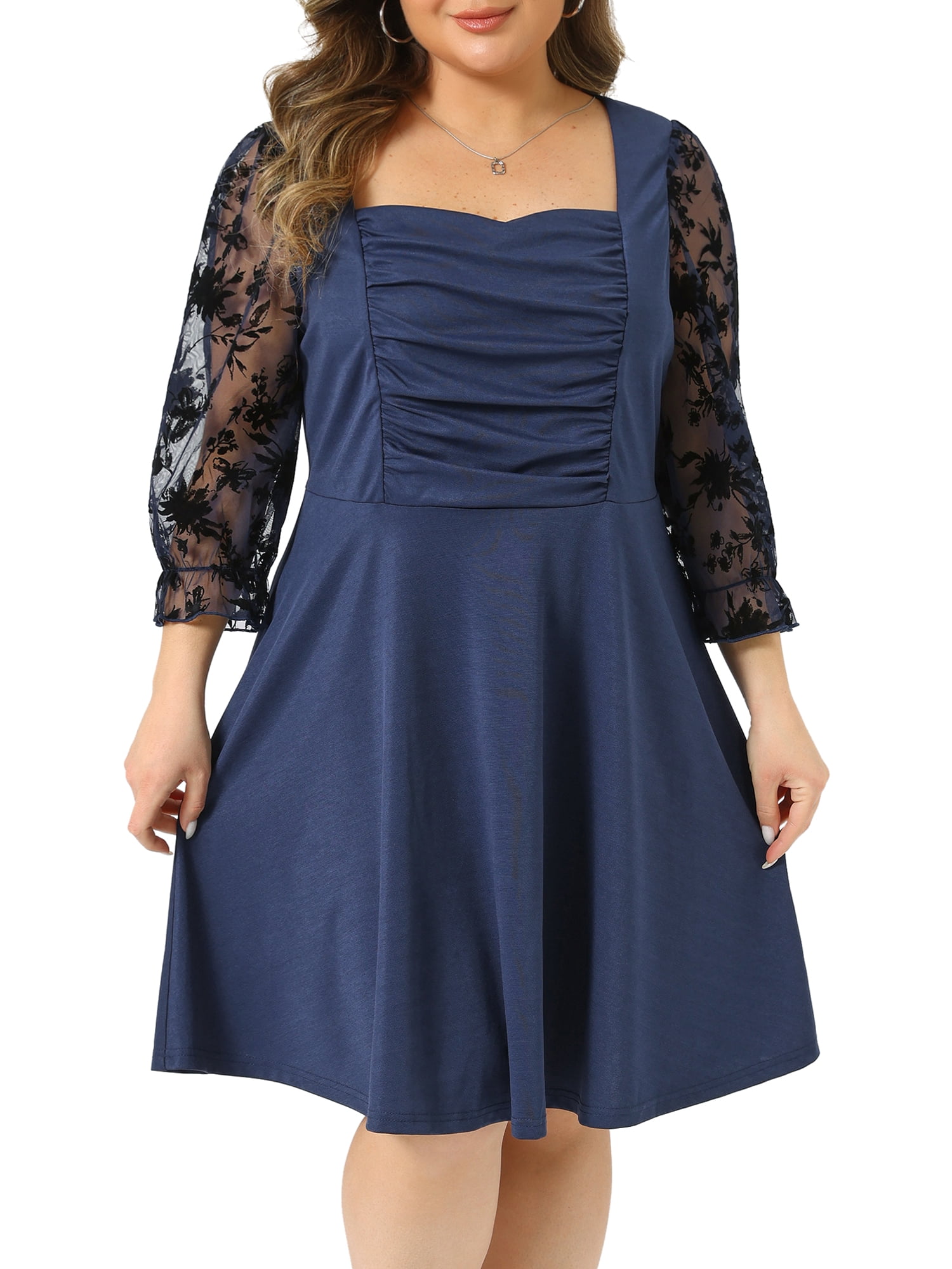 DARING DIVA Plus Women's Size Square Neck Floral Mesh Long Sleeves Dress 1X Dark Blue