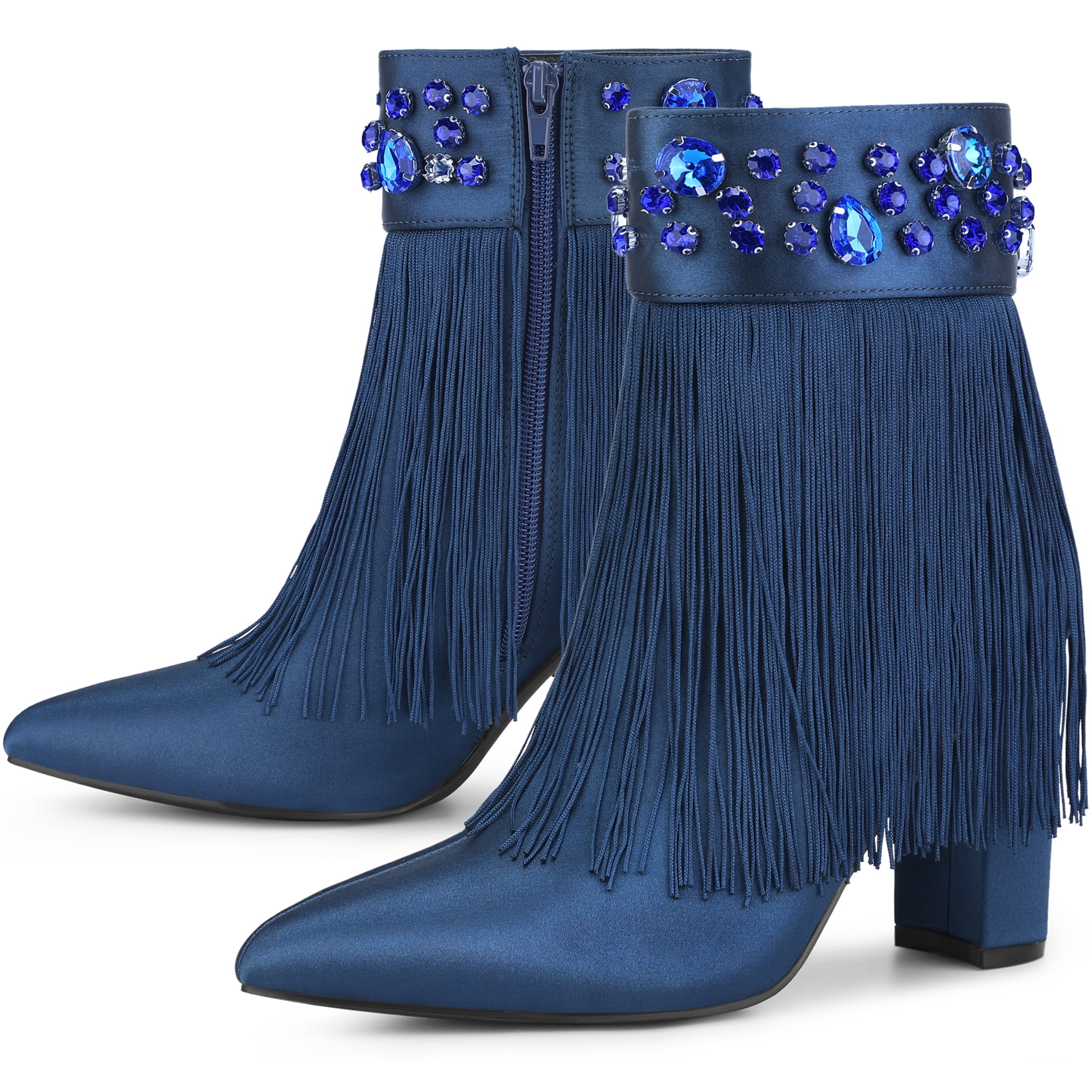 DARING DIVA Pointed Toe Fringe Rhinestone Chunky Heel Ankle Boots Navy Blue 8