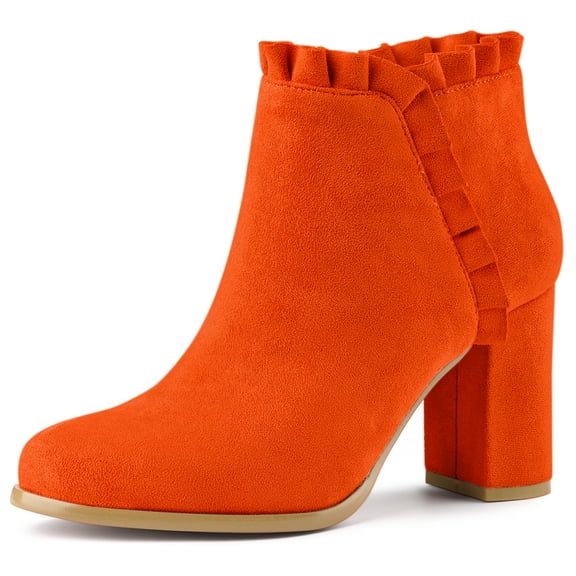 DARING DIVA Pointed Toe Ruffle Block Heels Ankle Booties Orange 9