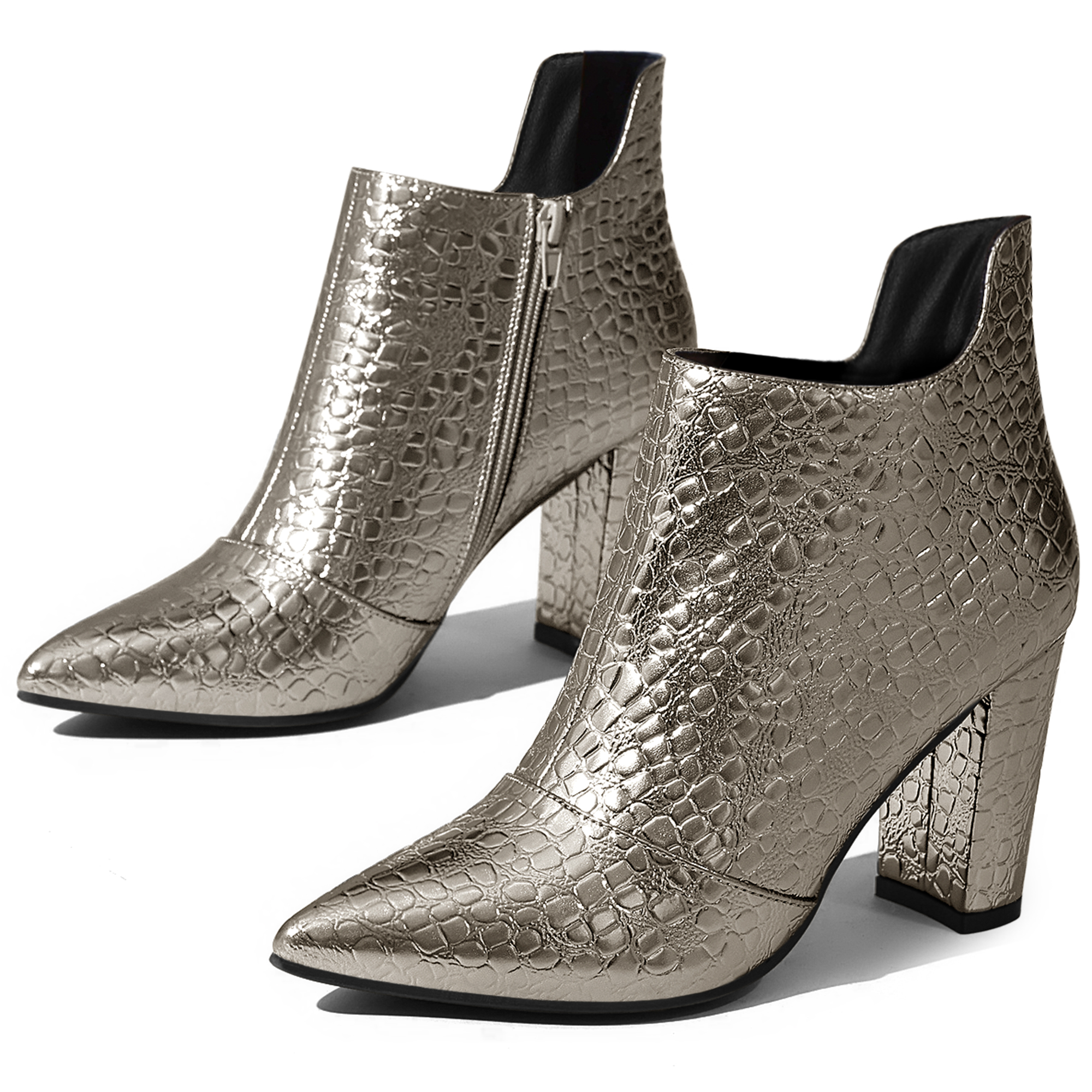 DARING DIVA Pointed Toe Stone Printed Chunky Heels Short Ankle Boot Gunmetal 8