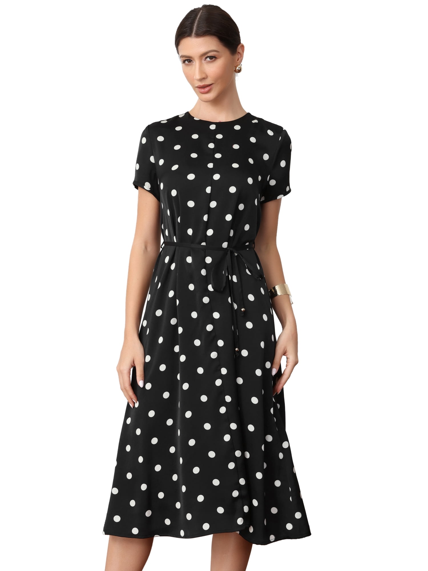 DARING DIVA Women's Polka Dots Short Sleeve Crew Neck Casual Belted Midi Dress M Black