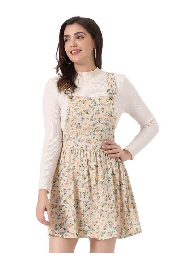 Polka Dots Pattern Suspender Mini Overall Dress Skirt L Beige-Floral