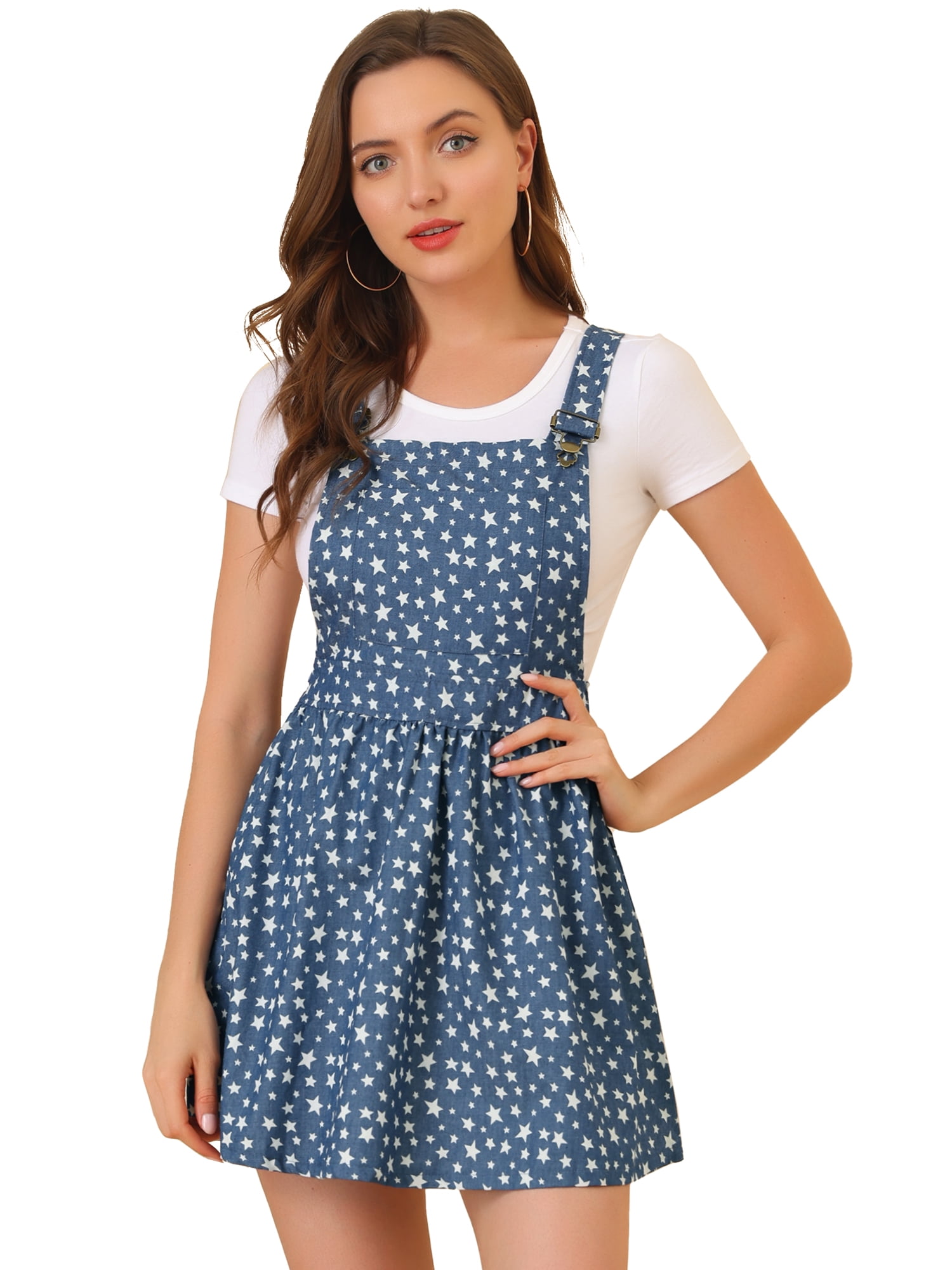 DARING DIVA Polka Dots Pattern Suspender Mini Overall Dress Skirt L Blue-Stars