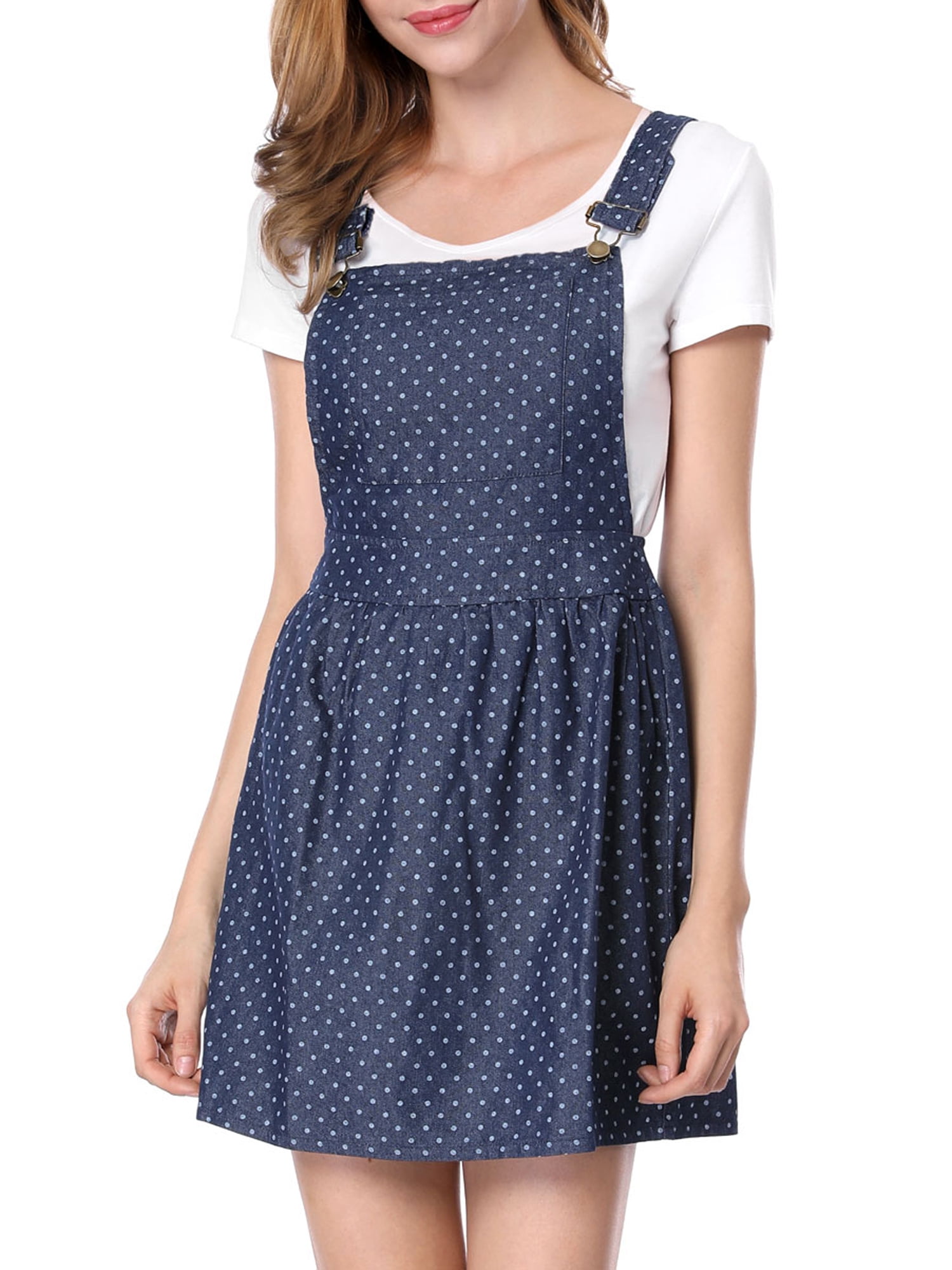 DARING DIVA Polka Dots Pattern Suspender Mini Overall Dress Skirt L Dark Blue-Dots