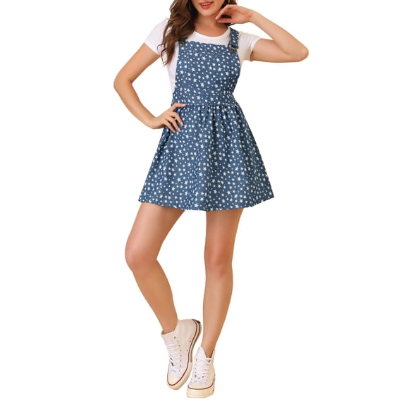 DARING DIVA Polka Dots Pattern Suspender Mini Overall Dress Skirt M Blue-Stars