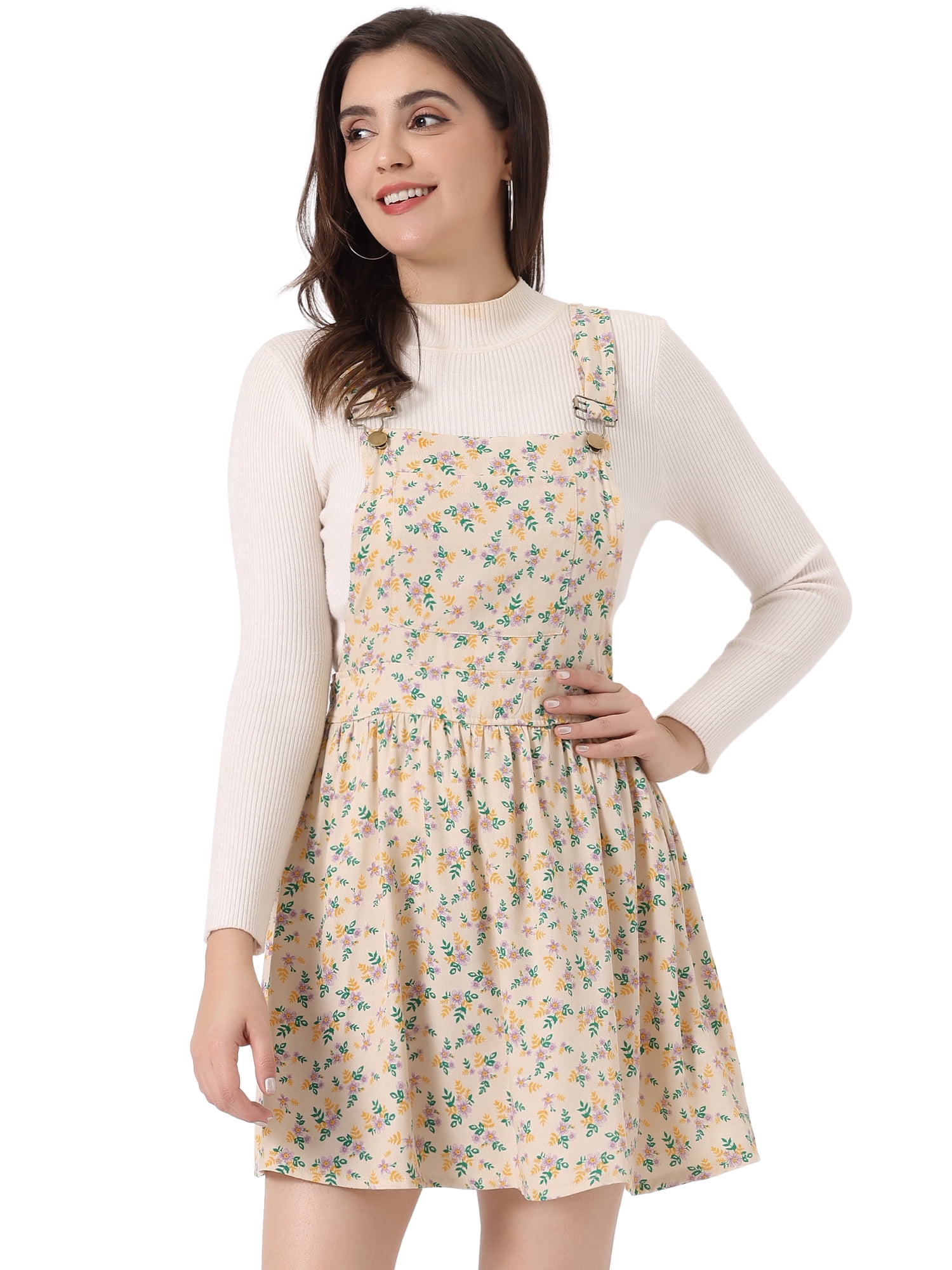 DARING DIVA Polka Dots Pattern Suspender Mini Overall Dress Skirt XS Beige-Floral