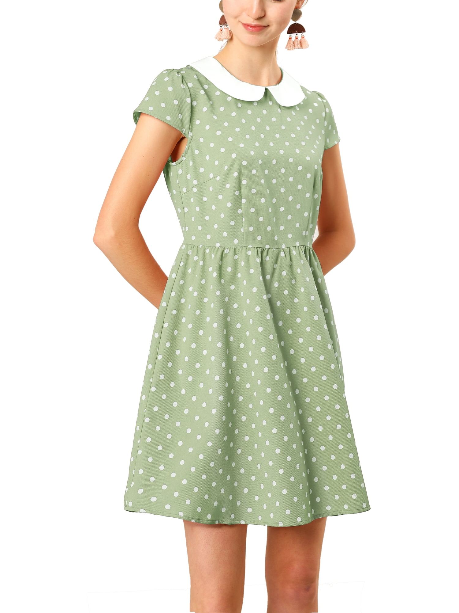 DARING DIVA Polka Dots Peter Pan Collar Above Knee Dress S Green