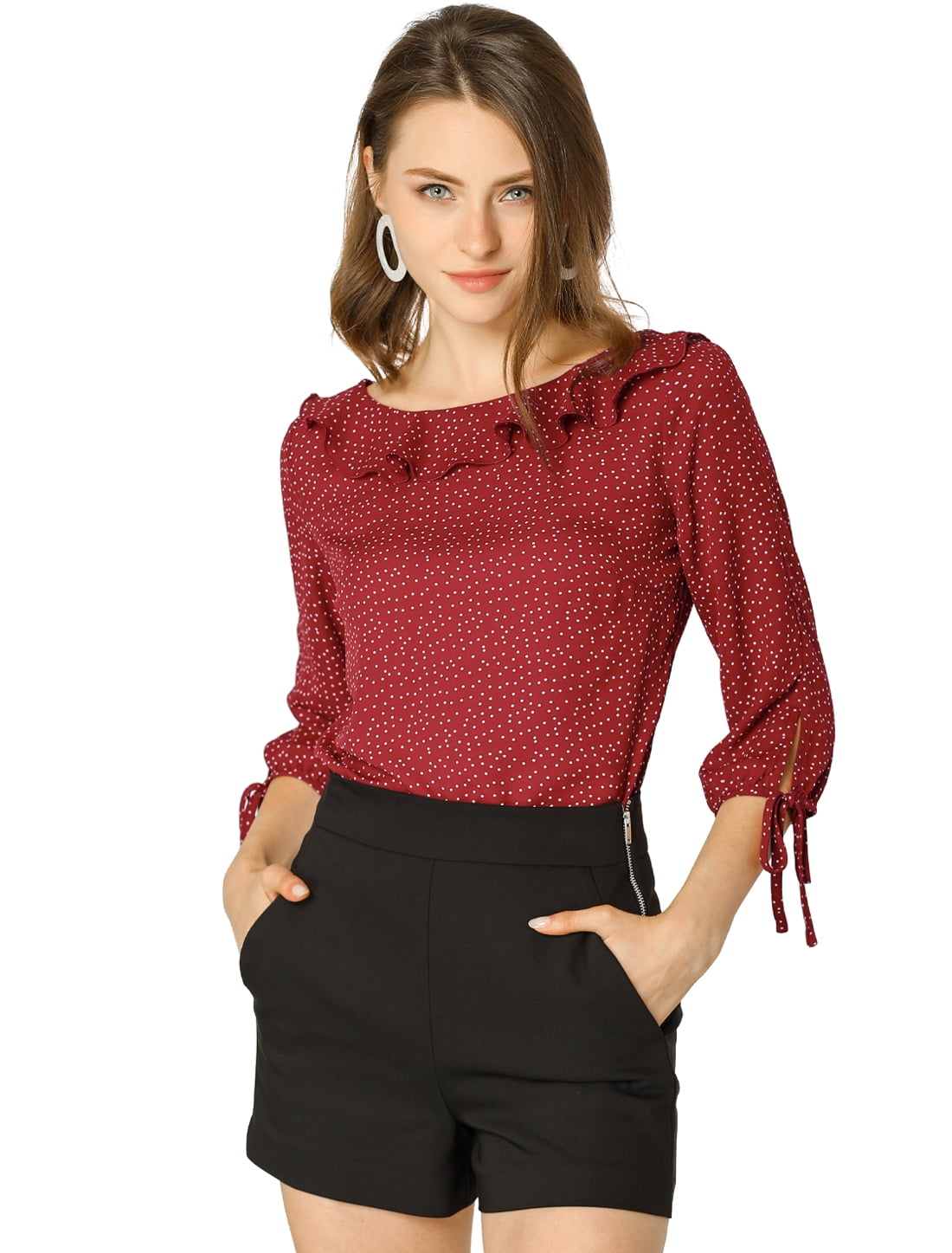 DARING DIVA Polka Dots Ruffled Neck 3/4 Sleeve Blouse Top 2XL Wine Red