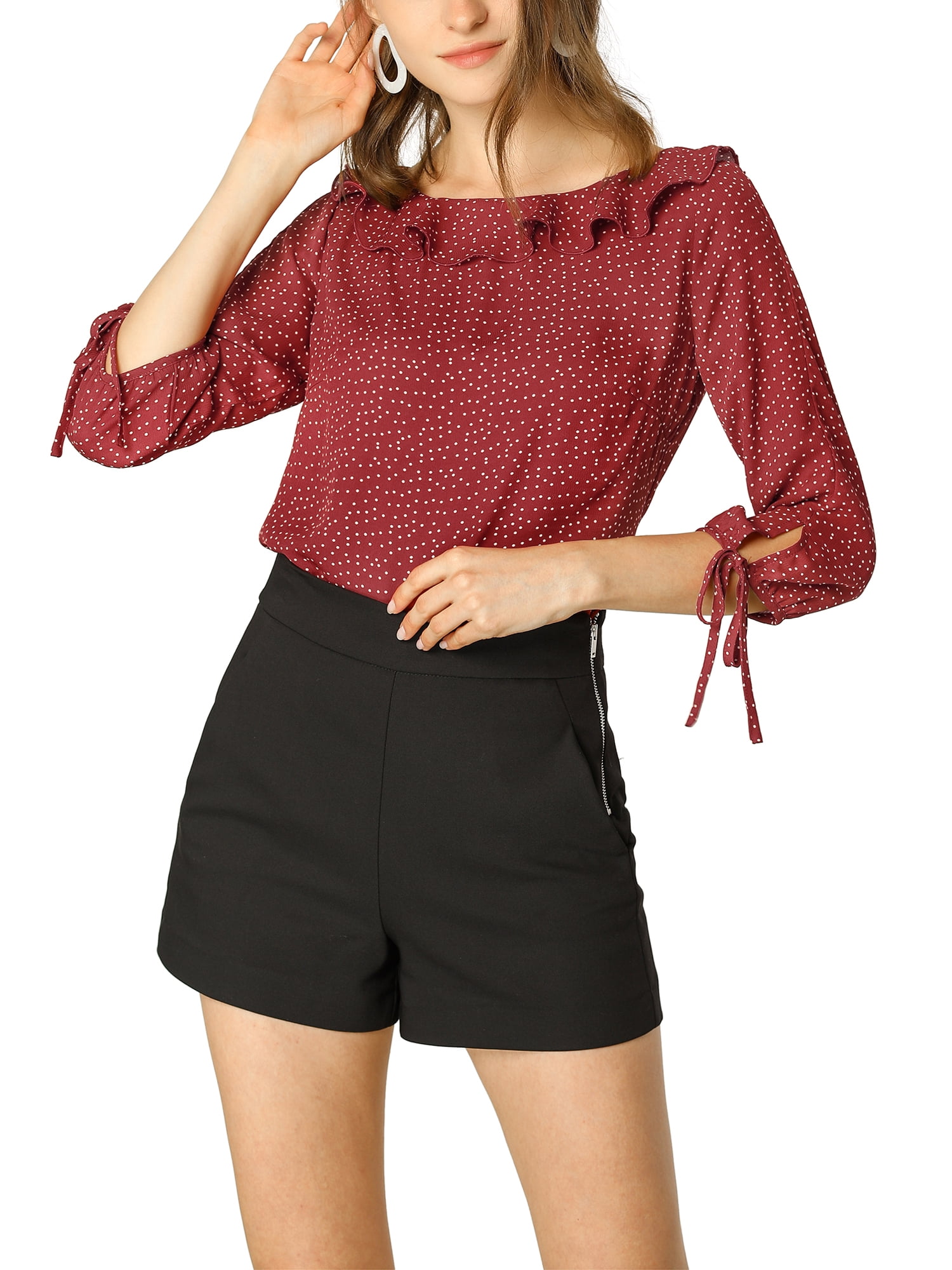 DARING DIVA Polka Dots Ruffled Neck 3/4 Sleeve Blouse Top L Wine Red