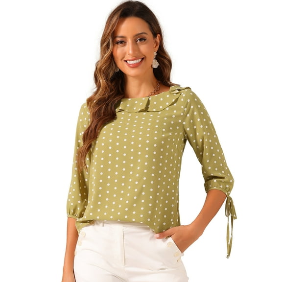 DARING DIVA Polka Dots Ruffled Neck 3/4 Sleeve Blouse Top M Dusty Yellow