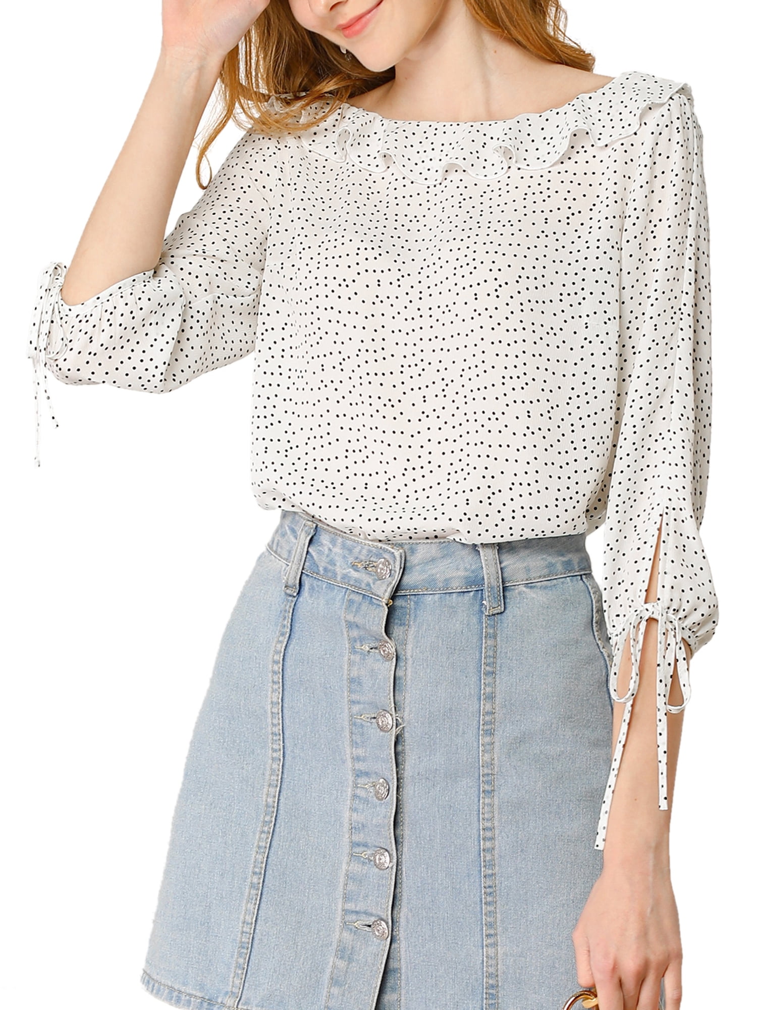 DARING DIVA Polka Dots Ruffled Neck 3/4 Sleeve Blouse Top M White