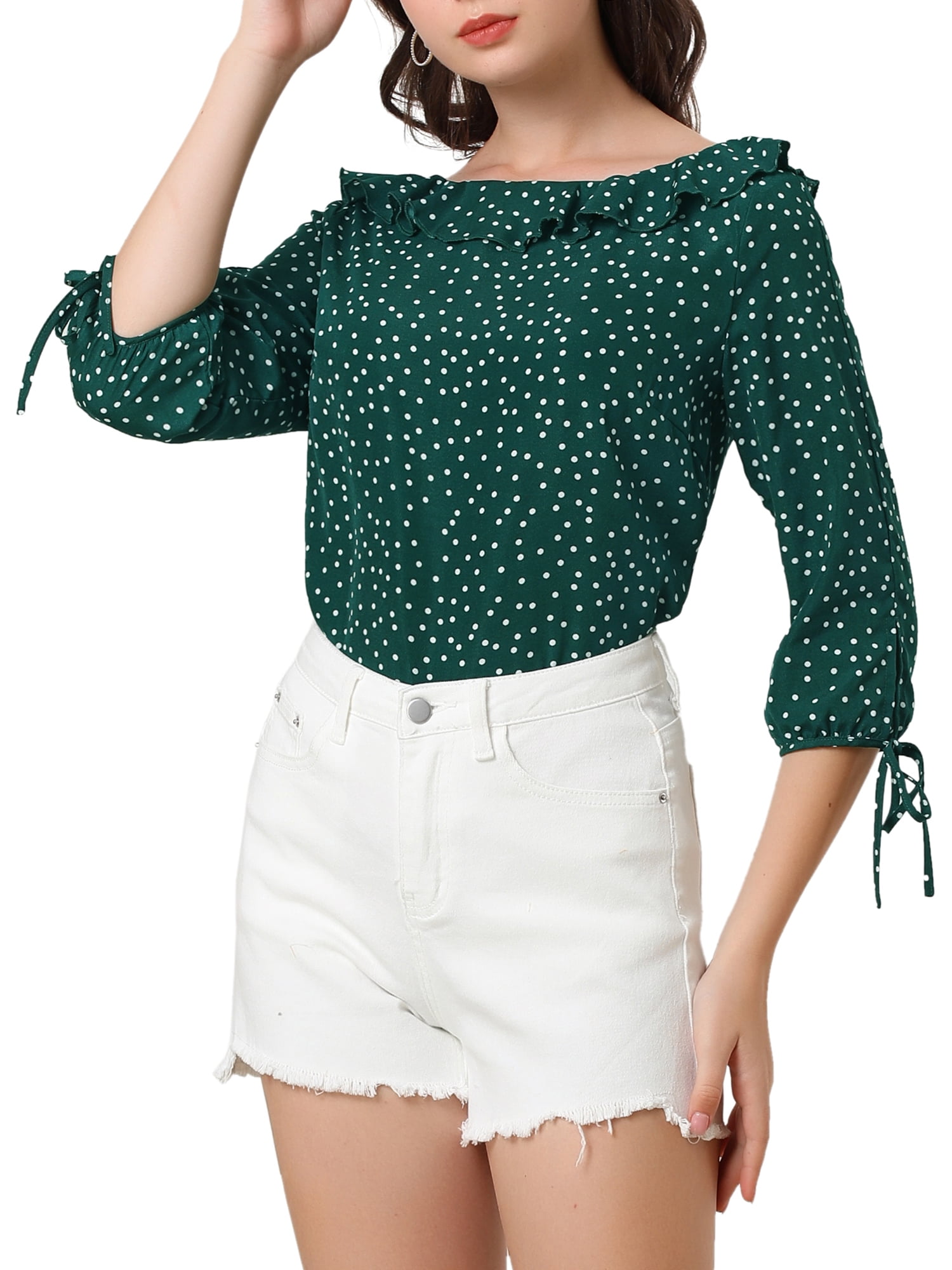 DARING DIVA Polka Dots Ruffled Neck 3/4 Sleeve Blouse Top S Green