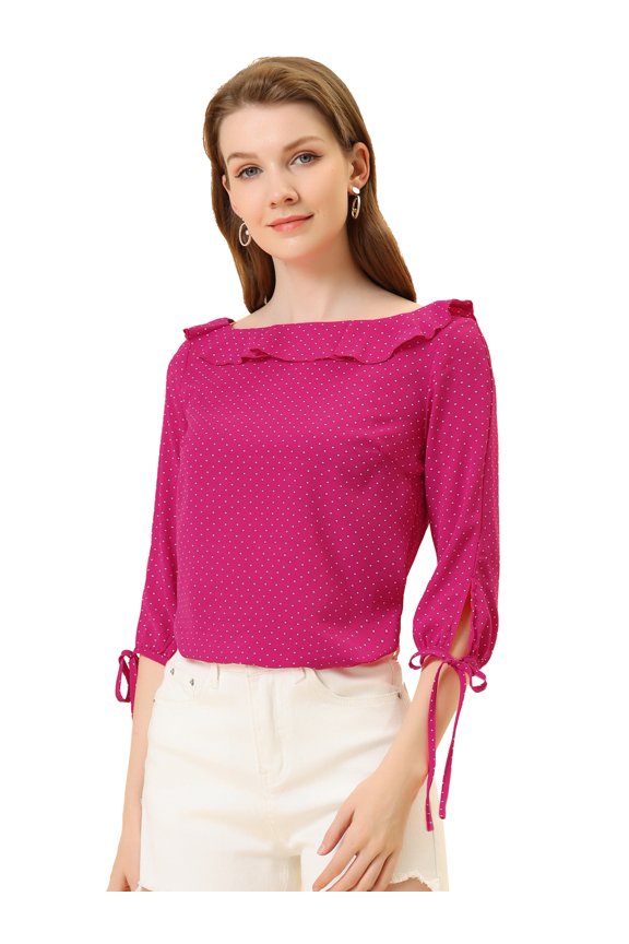 Polka Dots Ruffled Neck 3/4 Sleeve Blouse Top S Hot Pink
