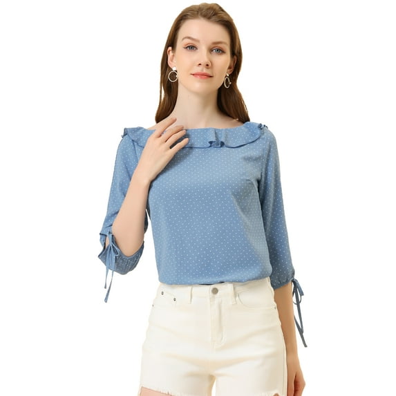 DARING DIVA Polka Dots Ruffled Neck 3/4 Sleeve Blouse Top XS Dusty Blue