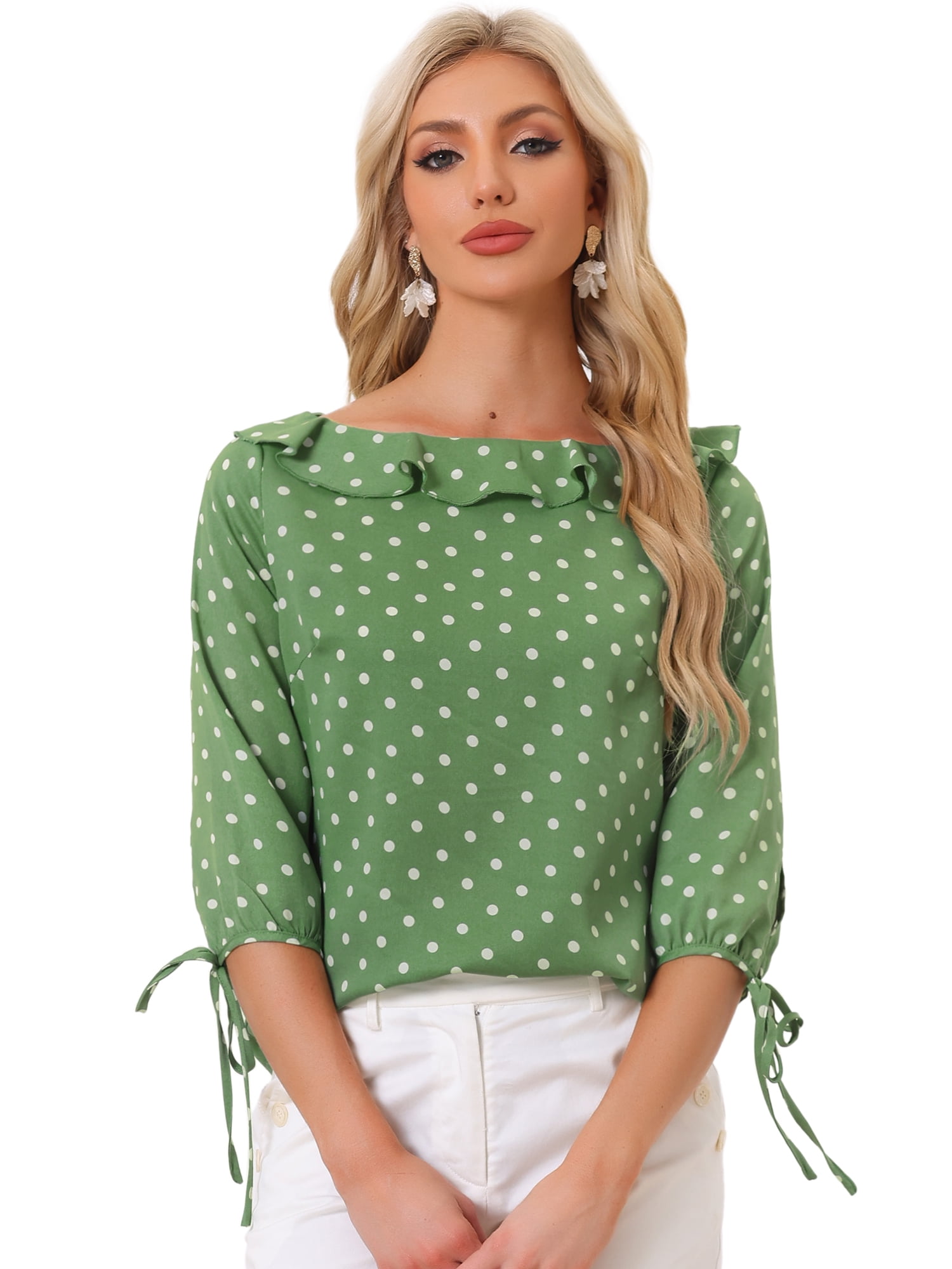 DARING DIVA Polka Dots Ruffled Neck 3/4 Sleeve Blouse Top XS Dusty Green