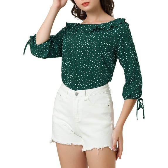 DARING DIVA Polka Dots Ruffled Neck 3/4 Sleeve Blouse Top XS Green