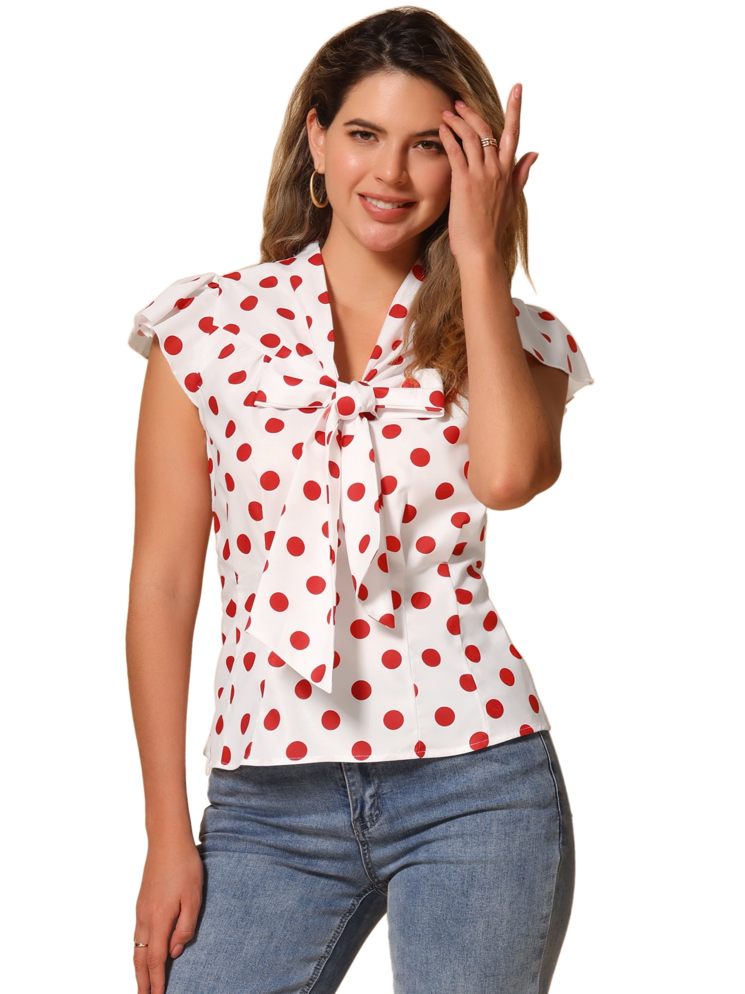 DARING DIVA Polka Dots Ruffled Sleeve Tie Neck Blouse L White Red DARING DIVA Polka Dots Ruffled Sleeve Tie Neck Blouse L White Red