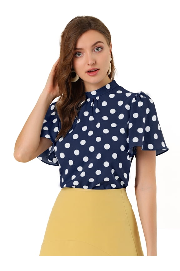 Polka Dots Stand Collar Short Flare Sleeve Top L Navy Blue