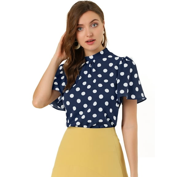 DARING DIVA Polka Dots Stand Collar Short Flare Sleeve Top L Navy Blue