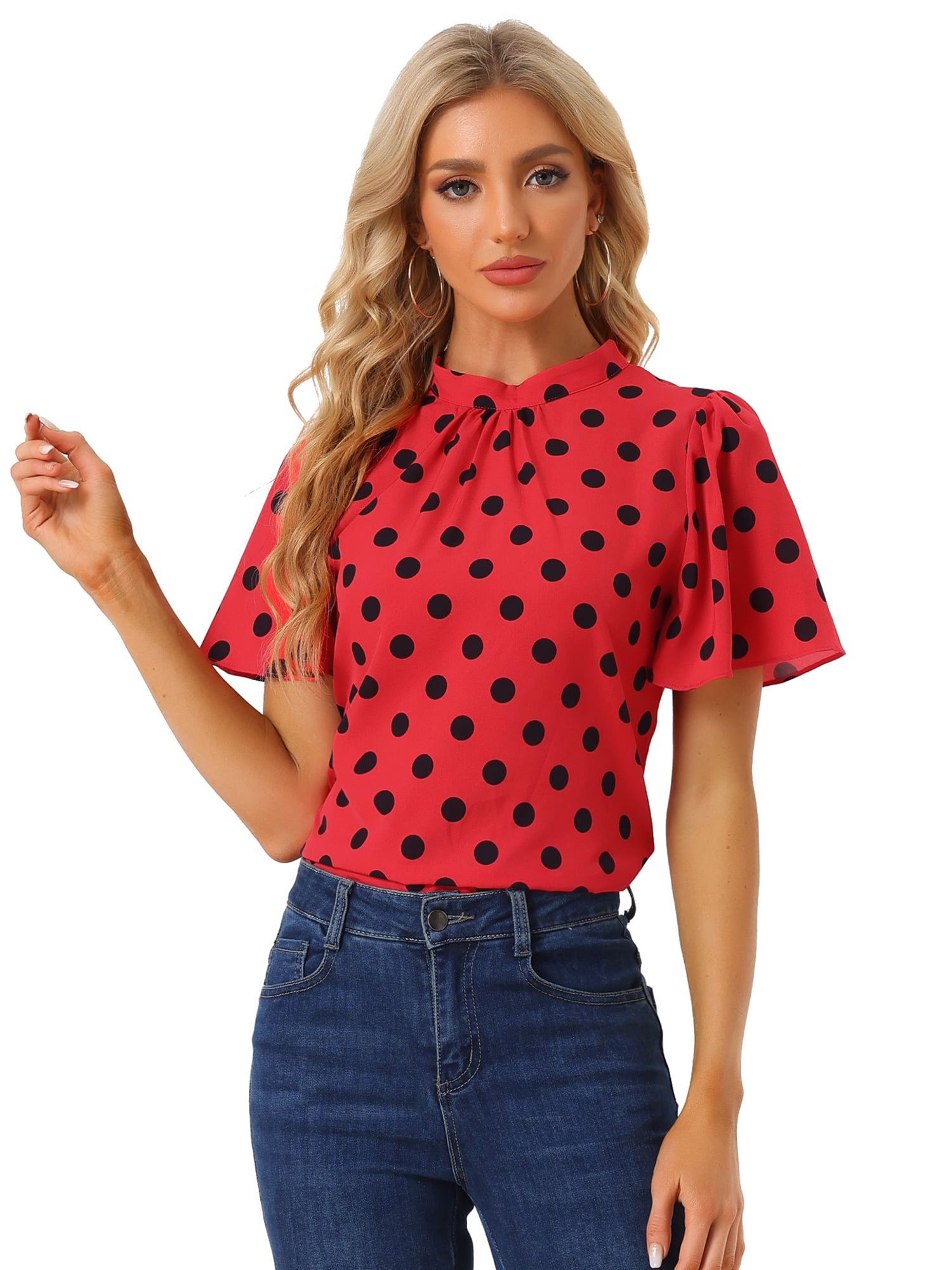 DARING DIVA Polka Dots Stand Collar Short Flare Sleeve Top L Red